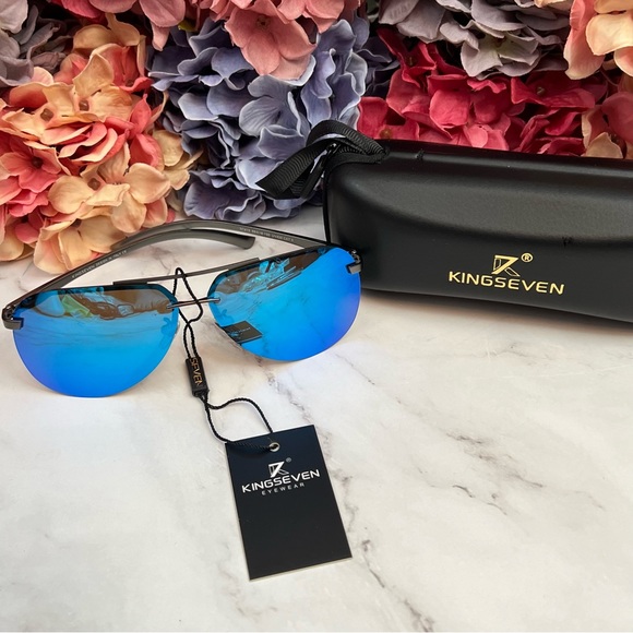 KINGSEVEN Retro Rimless Blue Mirrored Polarized Sunglasses - Picture 5 of 16